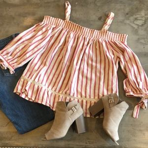 Lauren Conrad Red Cream off the shoulder top shirt